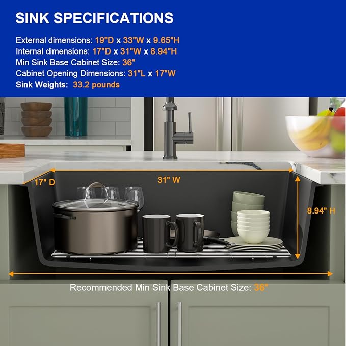 Dcolora 33 Inch Granite Composite Kitchen Sink, Round Corner - Image 6