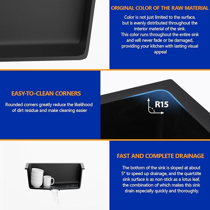 Dcolora 22 Inch Quartz Composite Bar Sink Black Undermount Small Granite - Image 4