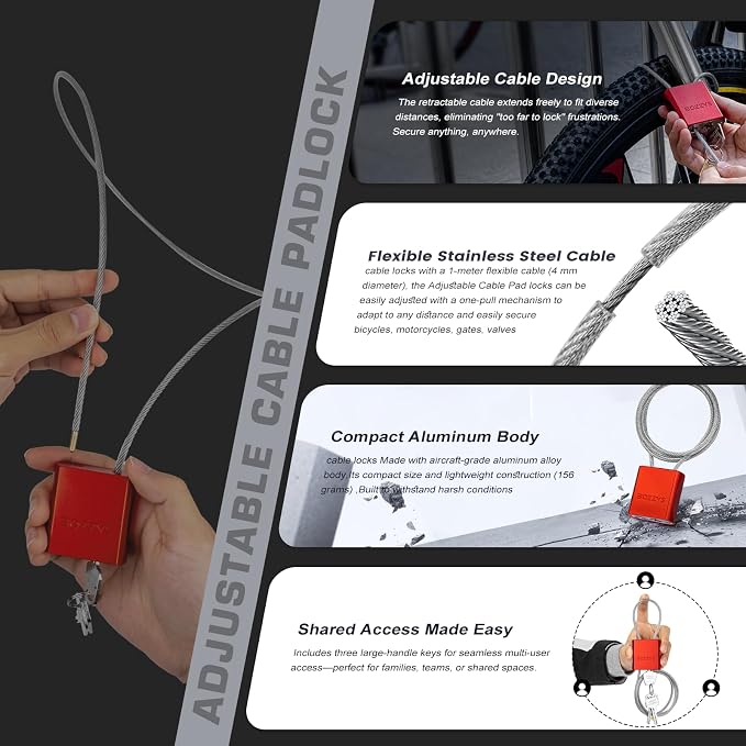 Adjustable Cable Locks with 3 Keys | 6.56ft L x 1/6in D Aluminum Steel Cable - Image 3