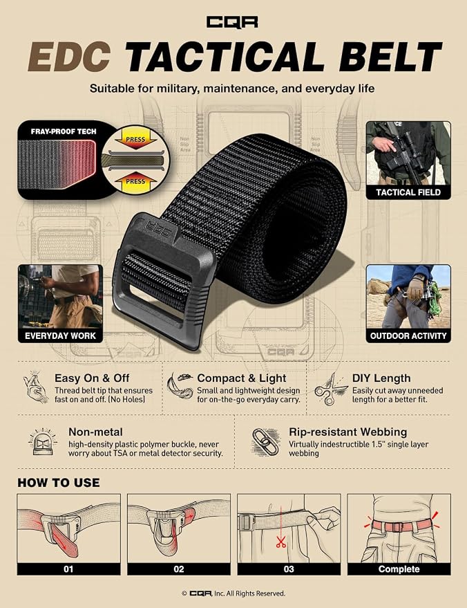 CQR Tactical Belt, Military Style Heavy Duty Belt, Webbing EDC Quick-Release - Image 5