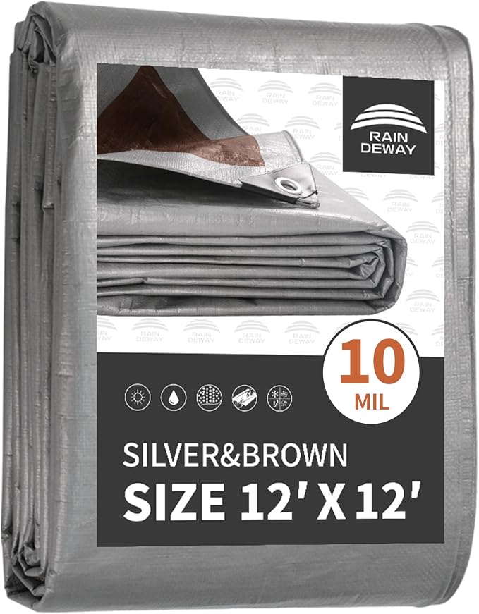 RAINDEWAY Tarps Heavy Duty Waterproof 12x12 Feet, 10Mil Multipurpose Poly Tarp by RAINDEWAY
