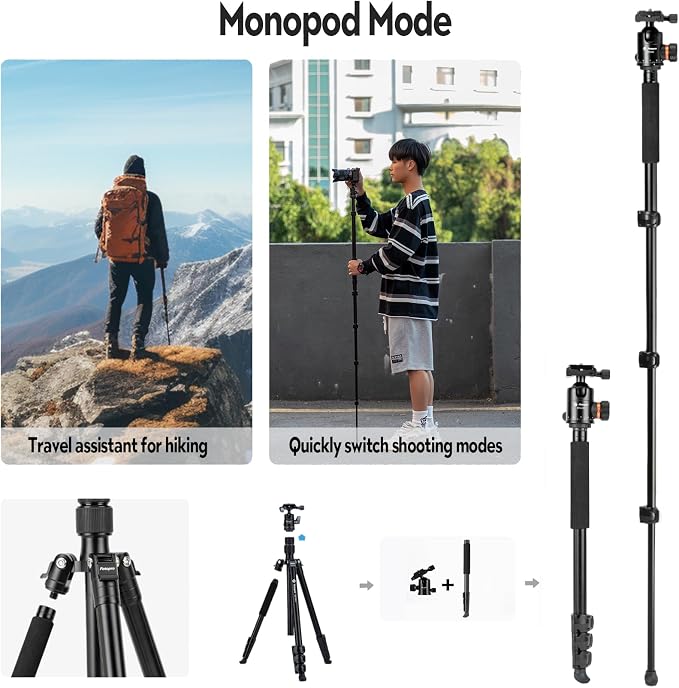 Fotopro 78" Camera Tripod, Aluminum Compact Travel Tripod and Monopod - Image 5