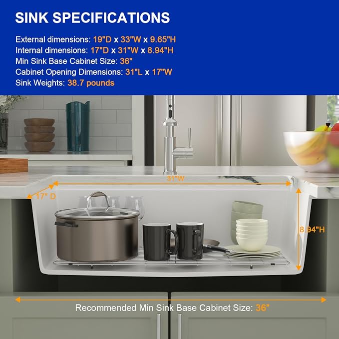 Dcolora 33 Inch White Granite Composite Kitchen Sink Workstation Undermount - Image 5