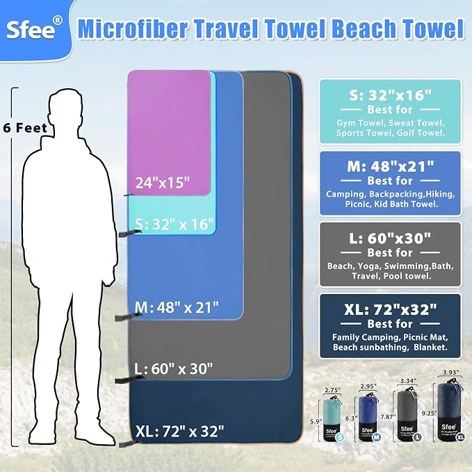 Sfee 2 Pack Microfiber Travel Towel, Quick Dry Camping Towel Large Beach Towel - Image 4