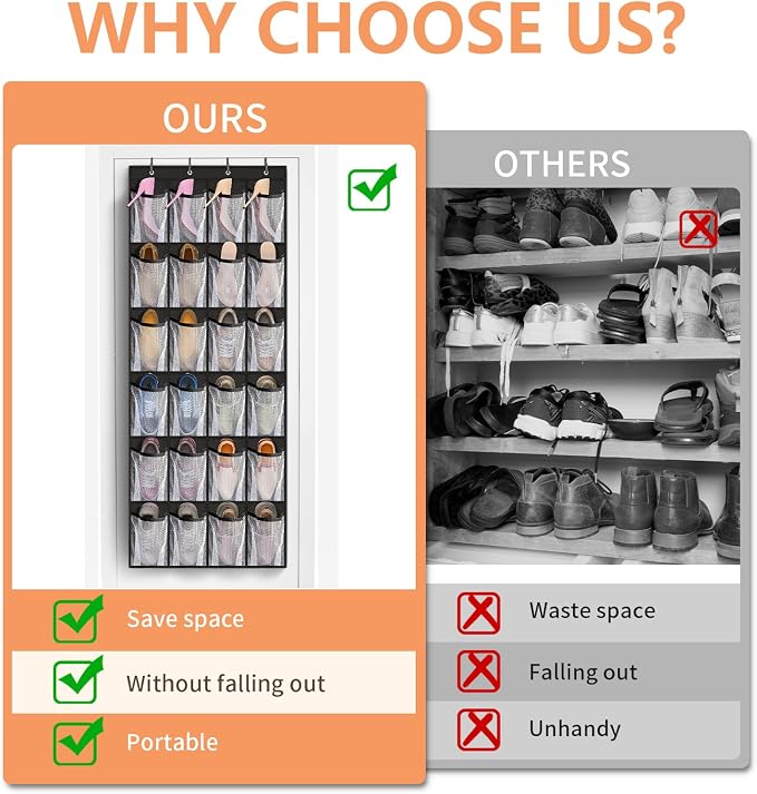 FENTEC 2 Pack Large Over The Door Shoe Organizer, 24 Pockets Mesh Hanging Shoe - Image 2