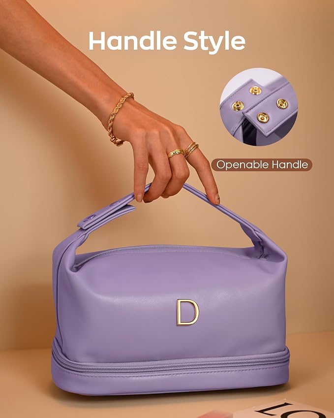 Makeup Bag with Handle, Waterproof Double Layer Cosmetic Bag, Large Capacity PU - Image 3