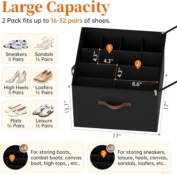 Shoe Organizer for Closet, 2 Pack Foldable Shoe Storage Containers, Fits up to - Image 2