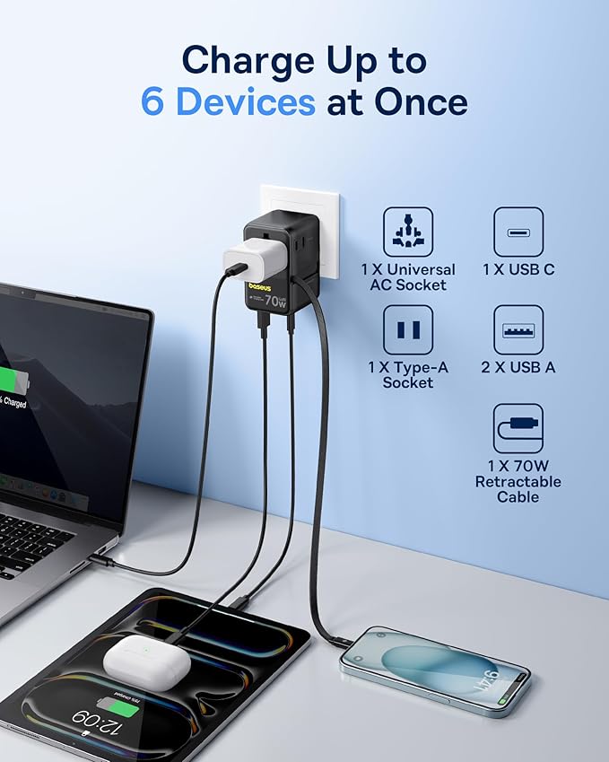 Baseus 70W Universal Travel Adapter and Baseus 60W Retractable USB C Cable - Image 4