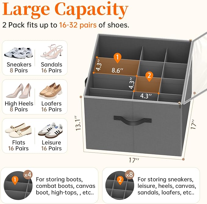 Shoe Organizer for Closet, Foldable Shoe Storage Containers, Fits up to 16 Pairs - Image 2