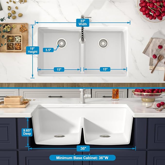 33 Inch Undermount White Granite Composite Kitchen Sink Under Counter Quartz - Image 5