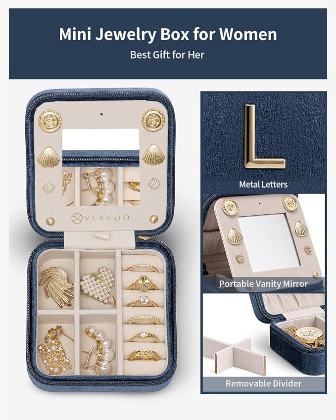 Vlando Travel Jewelry Case for Women Girls, L Initial Travel Jewelry Case - Image 3