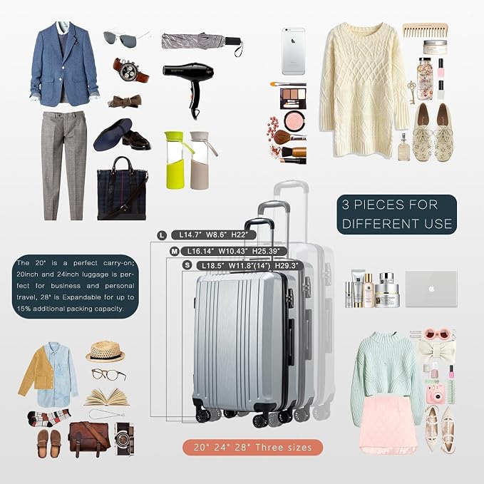 Coolife Luggage Expandable Suitcase PC+ABS 3 Piece Set - Image 7