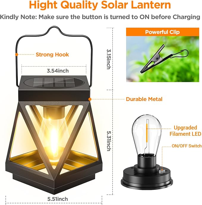 KOOPER 2 Pack Solar Lanterns Outdoor Waterproof, Upgraded Black Metal Hanging - Image 7