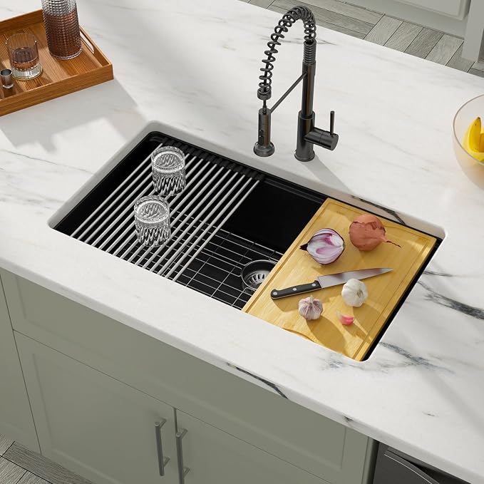 Dcolora 32 inches Granite Composite Kitchen Sink Workstation Black Undermount - Image 7