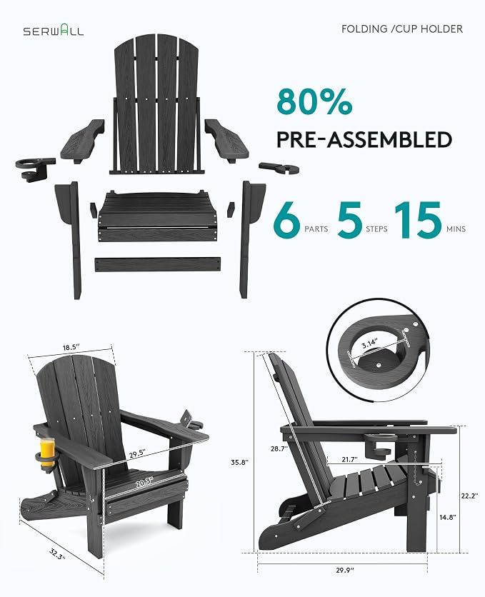 SERWALL Foldable Adirondack Chair Set of 2, HDPE Adirondack Chair - Image 4