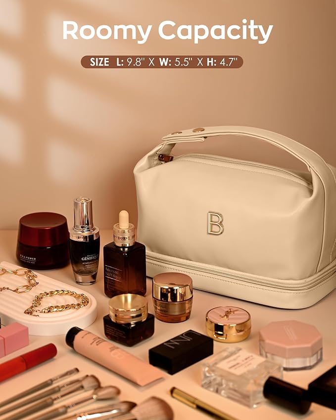 Personalized Makeup Bag with Handle, Initial Double Layer Cosmetic Bag with - Image 5