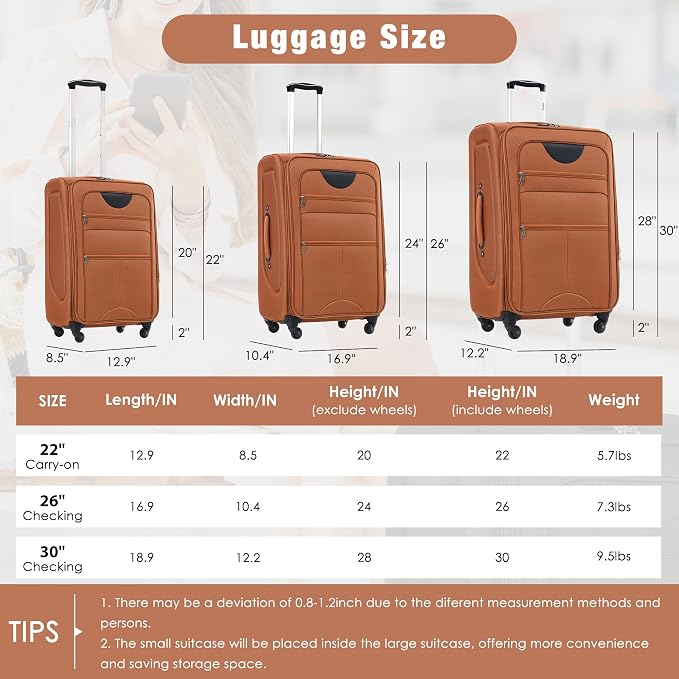 Merax Softside Luggage Set Softshell Lightweight 3 Piece Spinner Suitcase - Image 2