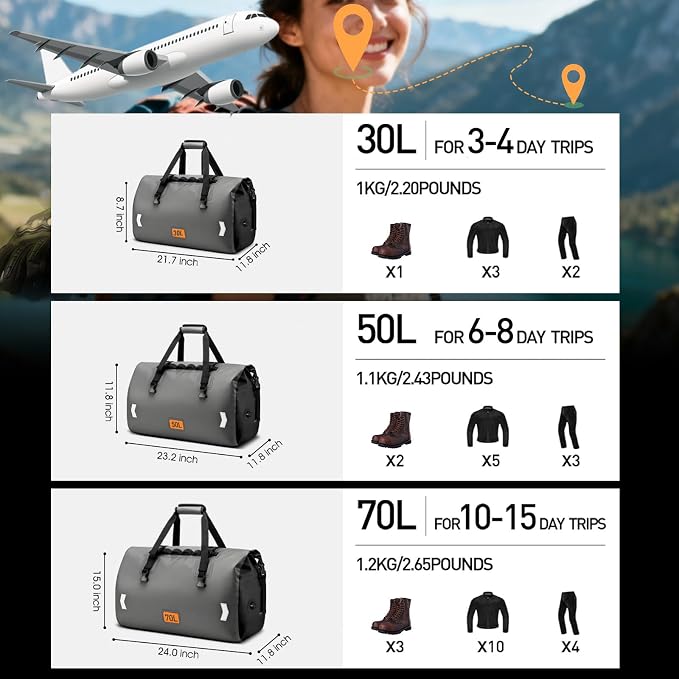 Waterproof Duffel Bag, 70L Roll-top Motorcycle Dry Bag - Image 4
