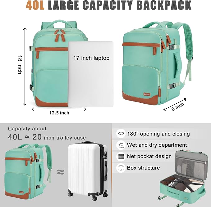 40L Travel Backpack with USB Charging Port, Water-Resistant Carry On Backpack - Image 6