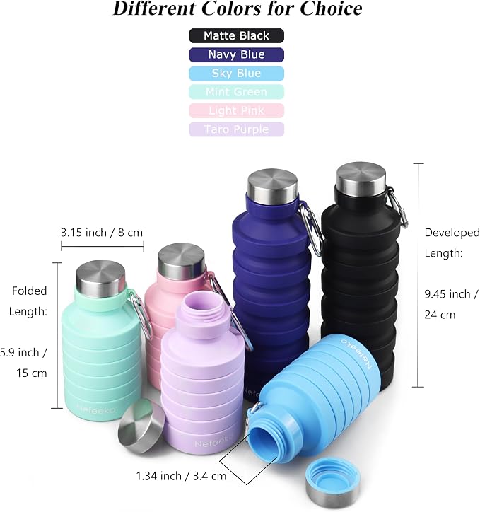 Nefeeko Collapsible Water Bottle, Reuseable BPA Free Silicone Foldable Water - Image 5