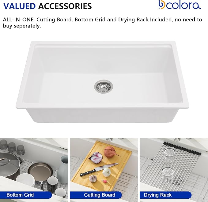 Dcolora 33 Inch White Granite Composite Kitchen Sink Workstation Undermount - Image 6