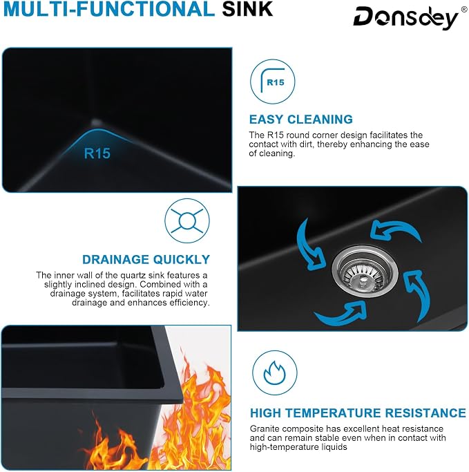 33 Inch Drop in Granite Composite Black Kitchen Sink-Donsdey Double Bowl - Image 7