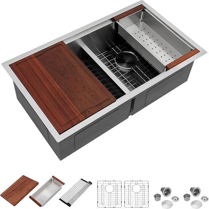 Dcolora 33 In. Double Bowl Kitchen Sink Undermount Sink Workstation Stainless - Image 9