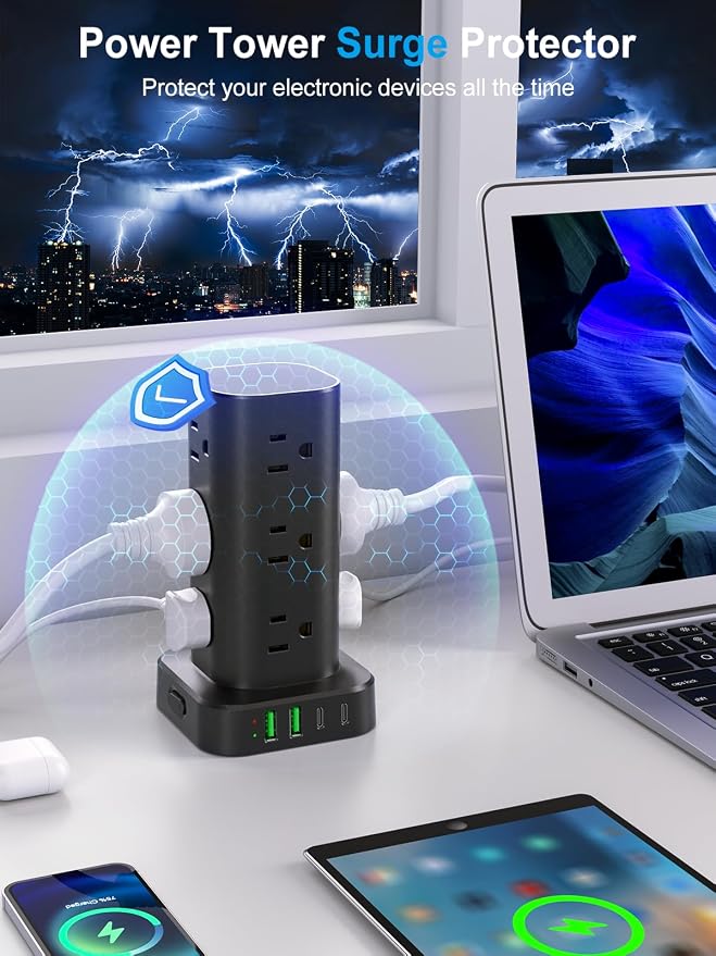 Power Strip Tower with Wireless Charger, Flat Plug Surge Protector Tower with - Image 6