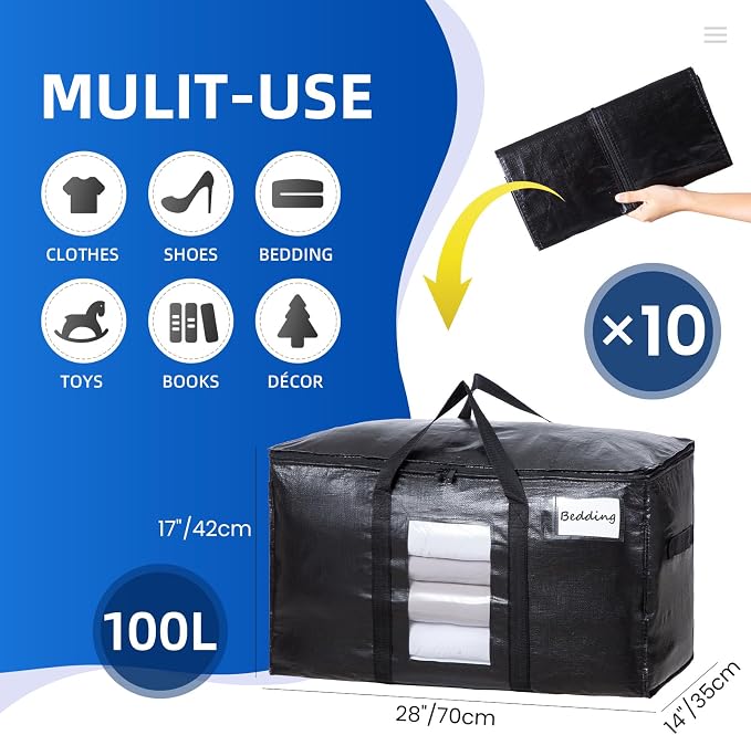 TAILI Extra Large Moving Bags, 10 Pack Black Heavy Duty Totes - Image 6