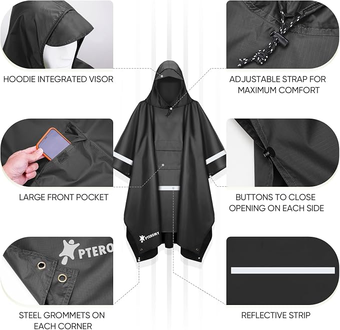 PTEROMY Hooded Rain Poncho for Adult - Image 6