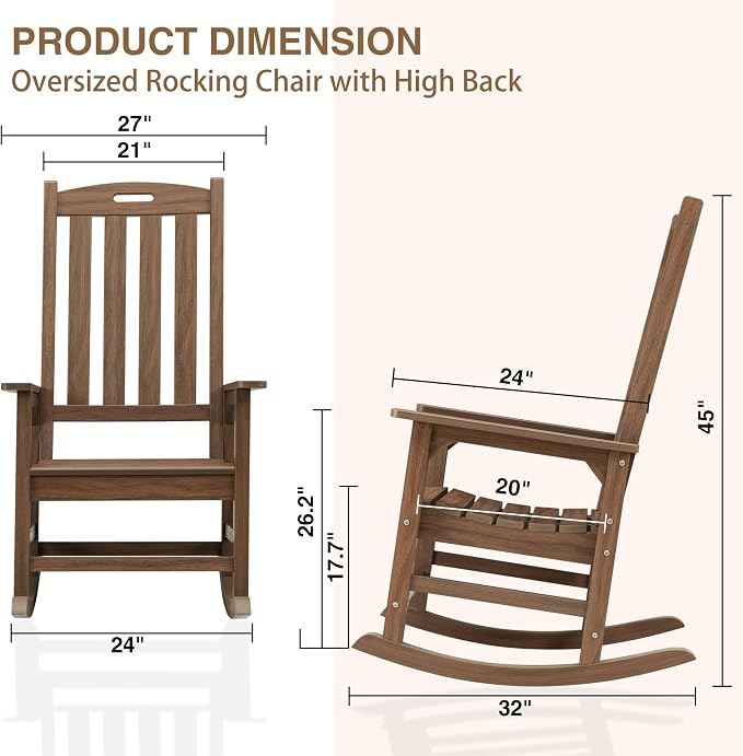 Psilvam Outdoor Rocking Chair Set of 2, Poly Lumber Oversized Rocking Chair - Image 4