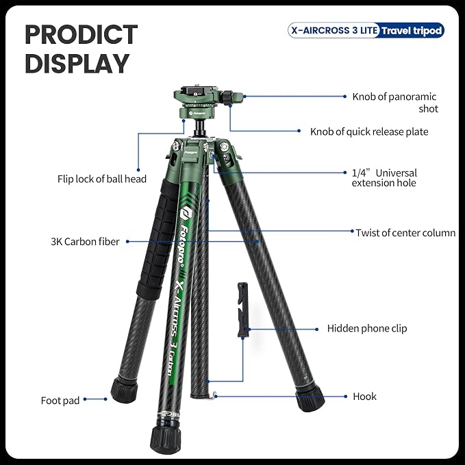 Fotopro Carbon Fiber Tripod 51 Inch 360 Degree Ball Head Quick Release Plate - Image 9