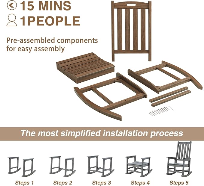 Psilvam Outdoor Rocking Chair Set of 2, Poly Lumber Oversized Rocking Chair - Image 6