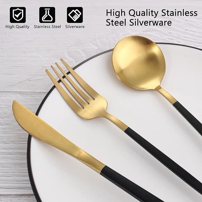 Matte Black Gold Silverware Set, 40-Piece Stainless Steel Flatware Set - Image 4
