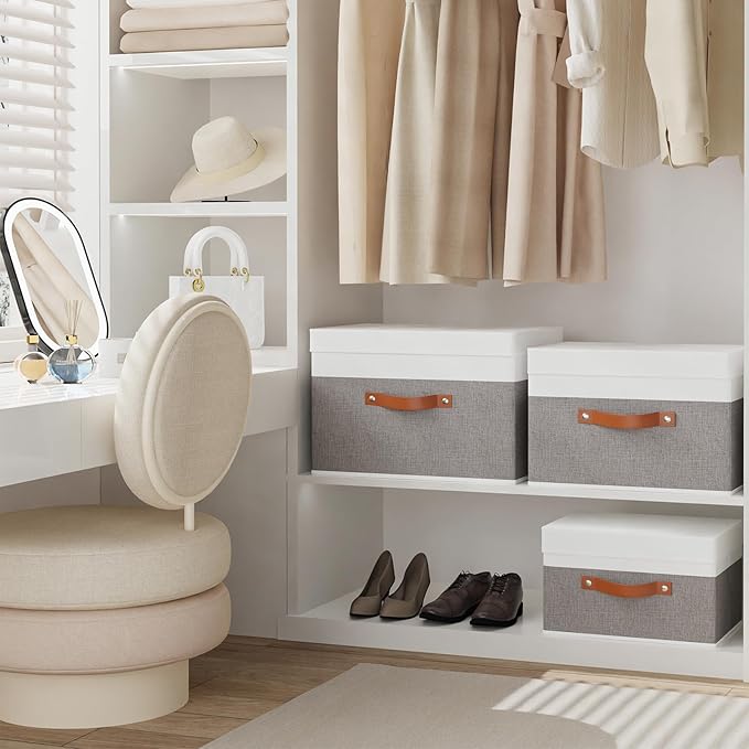Fabric Storage Boxes with Lids, Linen Foldable Cloth Baskets, 17.7 x 11.8 x - Image 4