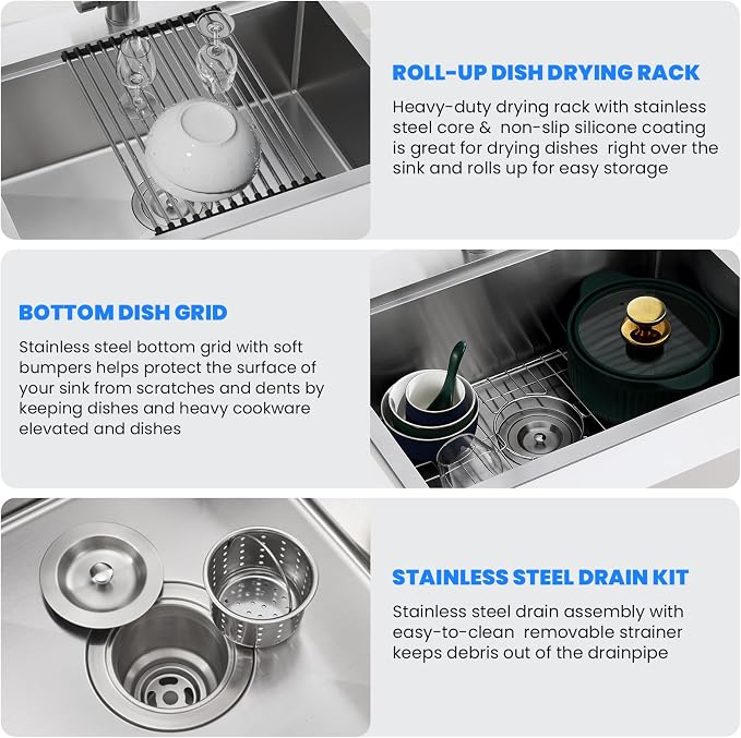 POPFLY 23×18 Inch Drop in Workstation Kitchen Sink, Handmade 18-Gauge 304 - Image 4