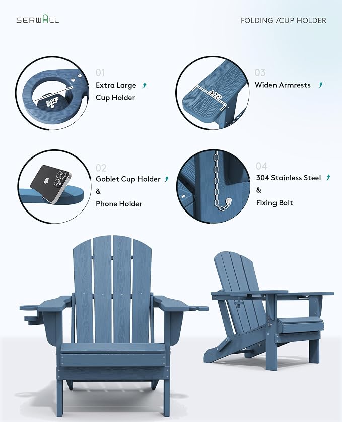 SERWALL Folding Adirondack Chair, HDPE Adirondack Chairs, Plastic Outdoor - Image 8