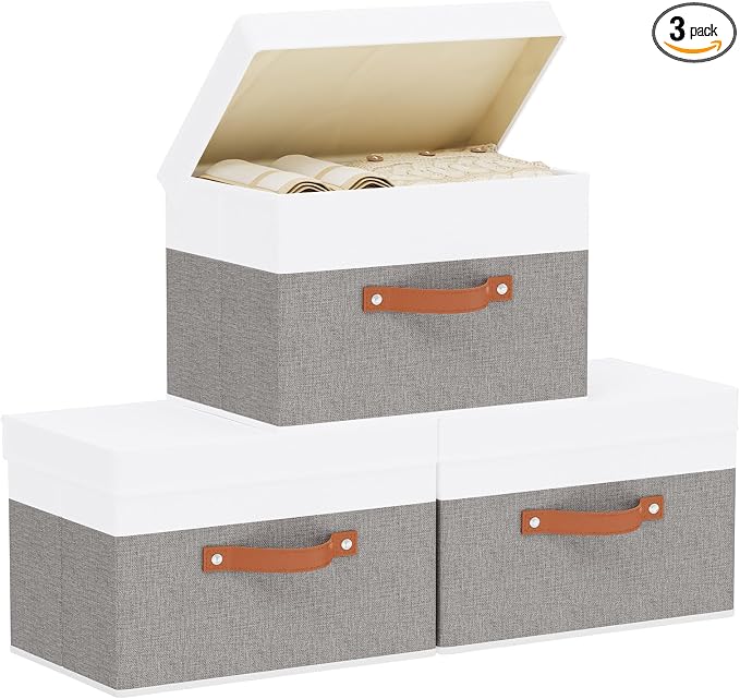 Fabric Storage Bins with Lids, 3 Pack Linen Foldable Cloth Baskets, 15 x 9.8 x by YheenLf
