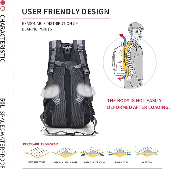 Bseash 50L Hiking Backpack, Water Resistant Lightweight Outdoor Sport Daypack - Image 6