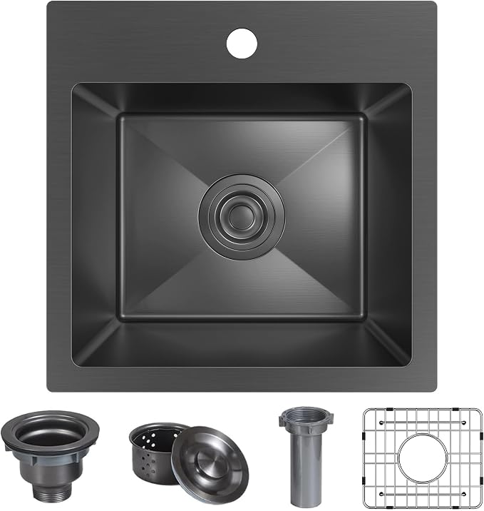 15 x 15 inch Drop in Bar Sink Black, Gunmetal Black Bar Sink 18 Gague Topmount by Winnpex