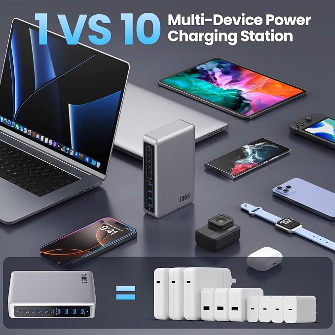 730W USB C Charger Block, GaN IV Fast Charging Station Hub 10 Ports, QC4.0+3 PD - Image 4
