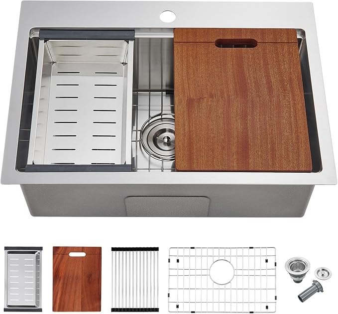 POPFLY 23×18 Inch Drop in Workstation Kitchen Sink, Handmade 18-Gauge 304 by POPFLY