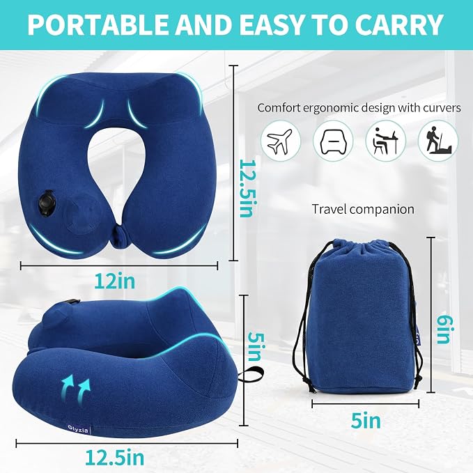 Inflatable Travel Neck Pillow for Airplane, Head Support Velvet Adult Neck - Image 3