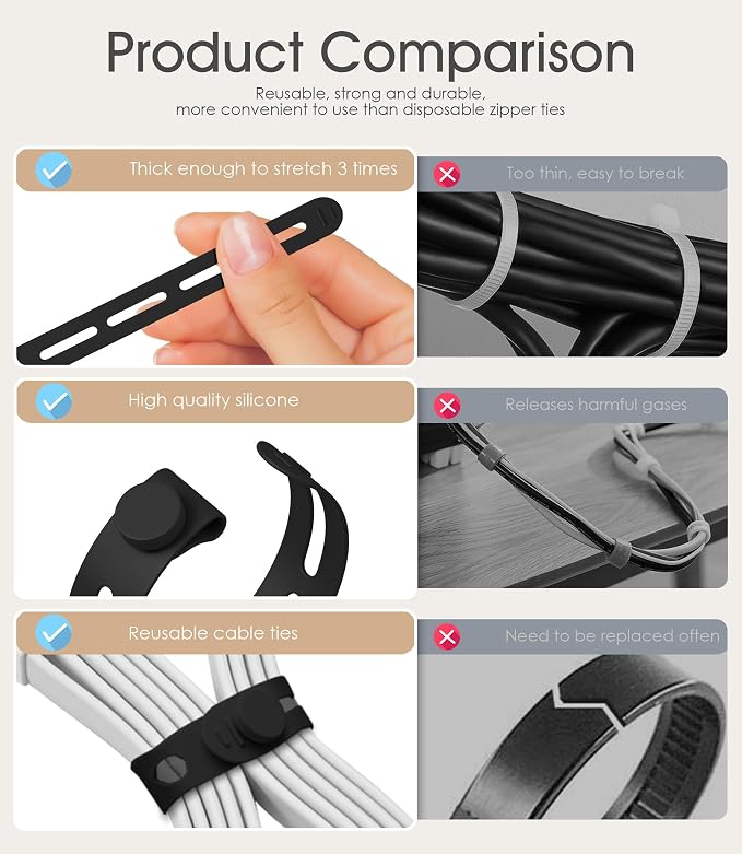 35Pcs Nearockle Silicone Cable Ties, 5.12 Inch Adjustable Cord Organizer - Image 3