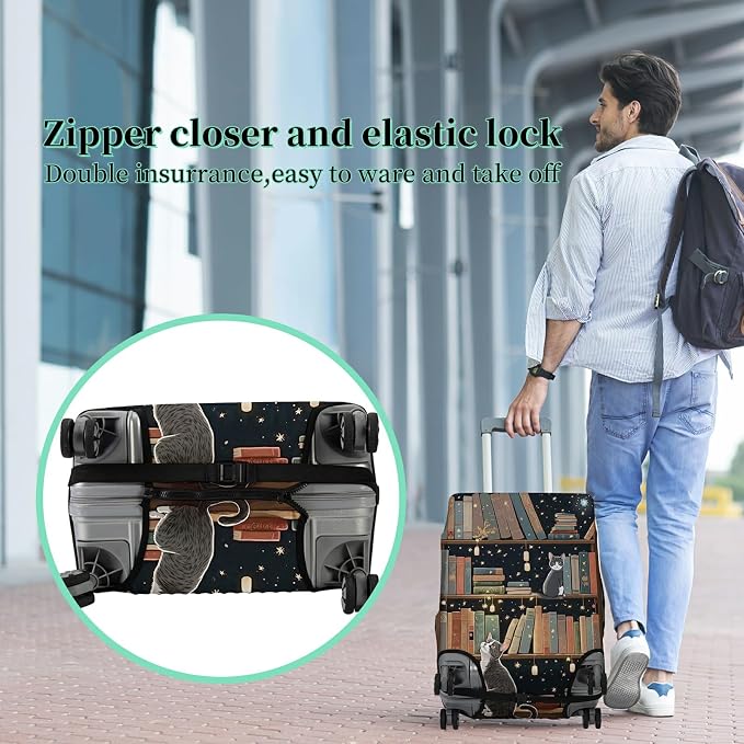 Luggage Cover Suitcase Protector Plus 1 Luggage Tag, Cat Library Travel - Image 5