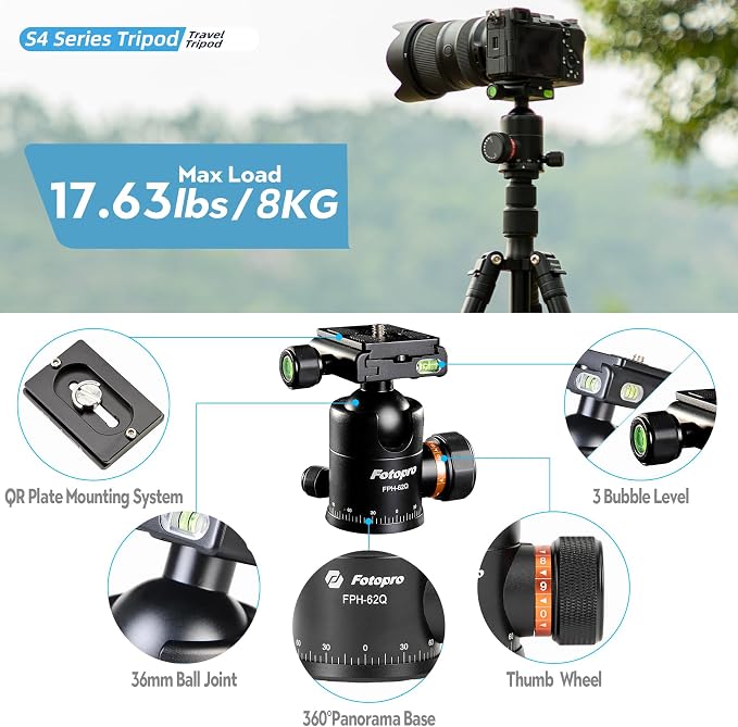 Fotopro 78" Camera Tripod, Aluminum Compact Travel Tripod and Monopod - Image 4