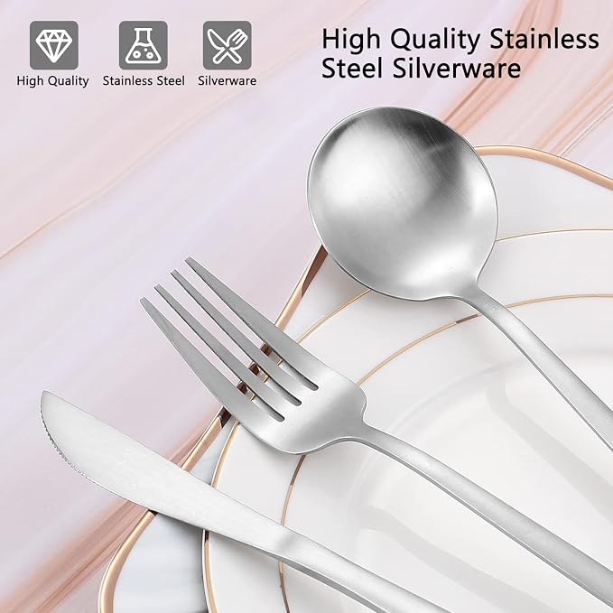 Matte Silverware Set, VANVRO 60-Piece Stainless Steel Flatware Set, Satin - Image 4