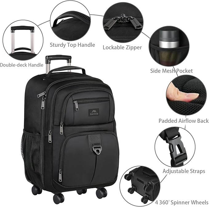 MATEIN Rolling Backpack with 4 Wheels, 17 inch Roller Travel Laptop Backpack - Image 6