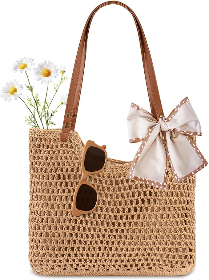 Peicees Crochet Beach Bag For Women Summer Tote Bag Boho Shoulder Bag by Peicees