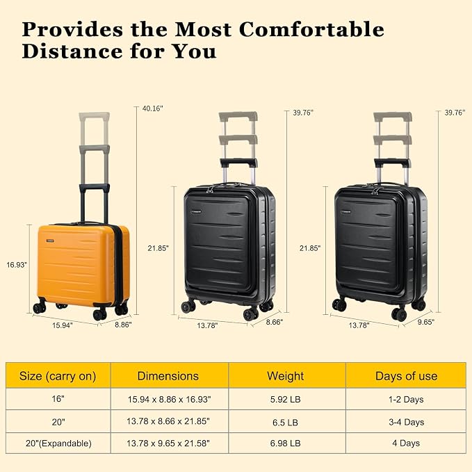 16 Inch Carry On Luggage Airline Approved, Expandable Lightweight ABS+PC Hard - Image 9